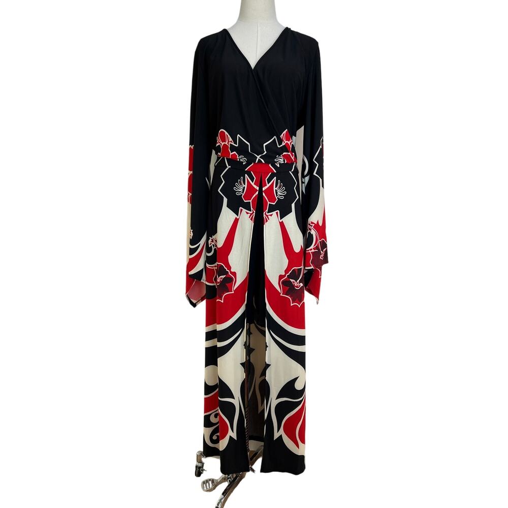 Ashley Stewart Romper Maxi Kimono Style Dress Printed Black